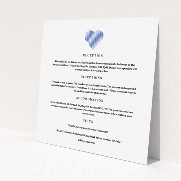 A wedding info sheet named 'Between the Lines'. It is a square (148mm x 148mm) card in a square orientation. 'Between the Lines' is available as a flat card, with tones of white and blue.