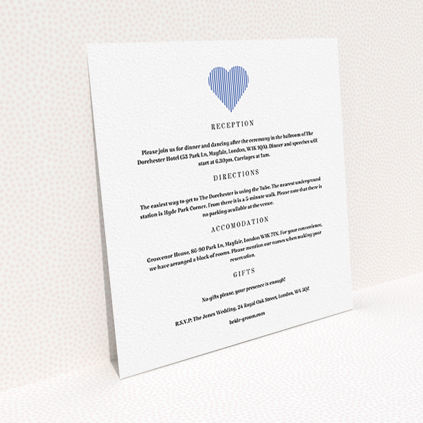 A wedding info sheet named "Between the Lines". It is a square (148mm x 148mm) card in a square orientation. "Between the Lines" is available as a flat card, with tones of white and blue.