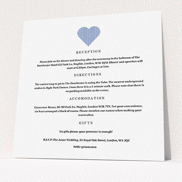 A wedding info sheet named "Between the Lines". It is a square (148mm x 148mm) card in a square orientation. "Between the Lines" is available as a flat card, with tones of white and blue.