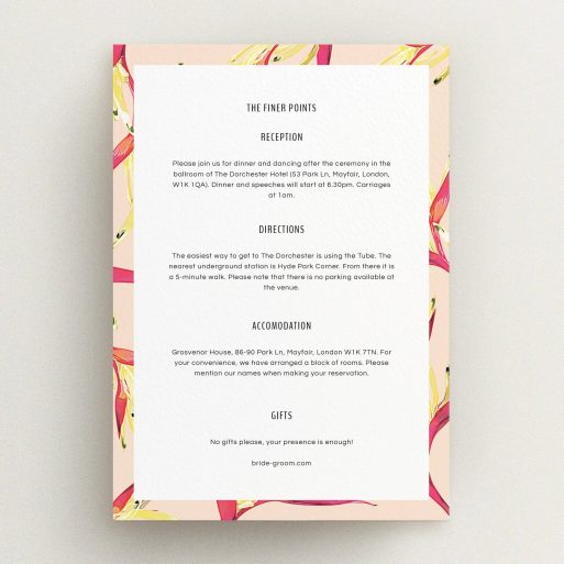 Wedding Info Sheet Design - "Birds of paradise" A wedding info sheet design called "Birds of paradise". It is an A5 card in a portrait orientation. "Birds of paradise" is available as a flat card, with tones of light cream and red.