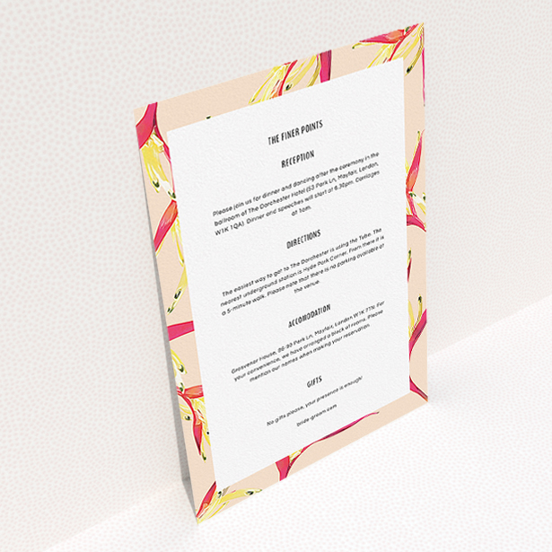 A wedding info sheet design called "Birds of paradise". It is an A5 card in a portrait orientation. "Birds of paradise" is available as a flat card, with tones of light cream and red.