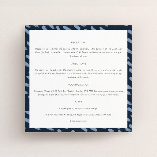 Wedding Info Sheet Design - "Blue strokes" A wedding info sheet design titled "Blue strokes". It is a square (148mm x 148mm) card in a square orientation. "Blue strokes" is available as a flat card, with tones of blue and white.