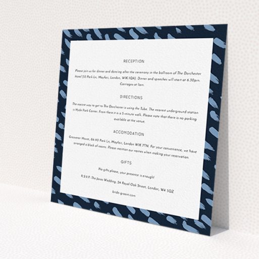 A wedding info sheet design titled 'Blue strokes'. It is a square (148mm x 148mm) card in a square orientation. 'Blue strokes' is available as a flat card, with tones of blue and white.