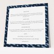A wedding info sheet design titled "Blue strokes". It is a square (148mm x 148mm) card in a square orientation. "Blue strokes" is available as a flat card, with tones of blue and white.