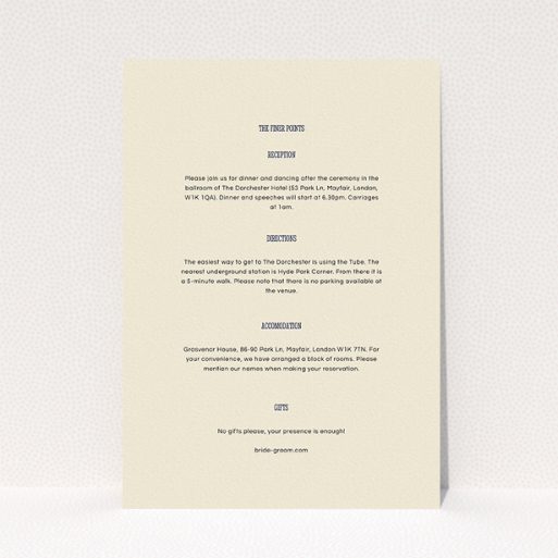 A wedding info sheet template titled "Bold border". It is an A5 card in a portrait orientation. "Bold border" is available as a flat card, with mainly cream colouring.