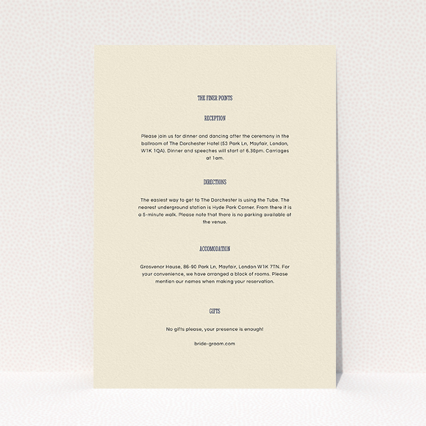 A wedding info sheet template titled "Bold border". It is an A5 card in a portrait orientation. "Bold border" is available as a flat card, with mainly cream colouring.
