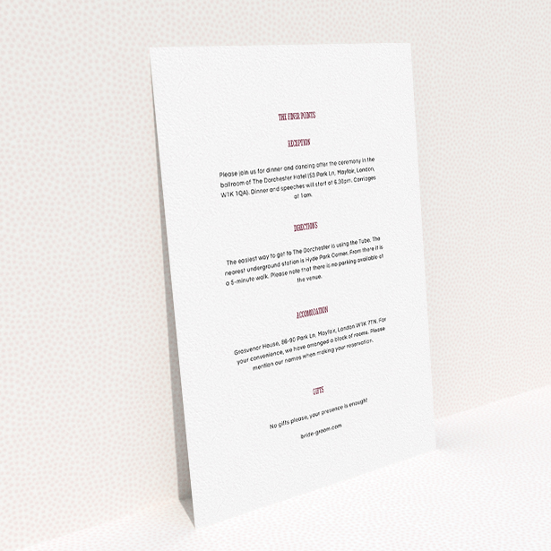 A wedding info sheet named "Bold border". It is an A5 card in a portrait orientation. "Bold border" is available as a flat card, with mainly white colouring.