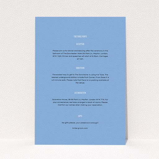A wedding info sheet called "Bold border". It is an A6 card in a portrait orientation. "Bold border" is available as a flat card, with mainly light blue colouring.