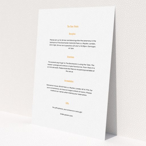 A wedding info sheet design called 'Botanical tiger'. It is an A5 card in a portrait orientation. 'Botanical tiger' is available as a flat card, with mainly white colouring.