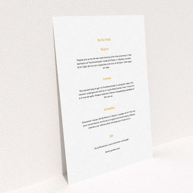 A wedding info sheet design called "Botanical tiger". It is an A5 card in a portrait orientation. "Botanical tiger" is available as a flat card, with mainly white colouring.