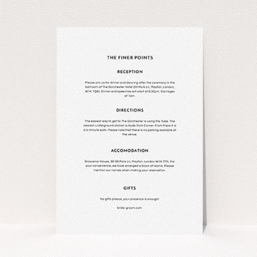 A wedding info sheet design called "Boxed In". It is an A6 card in a portrait orientation. "Boxed In" is available as a flat card, with mainly white colouring.