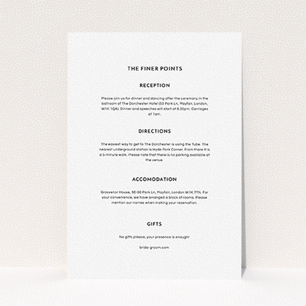 A wedding info sheet design called "Boxed In". It is an A6 card in a portrait orientation. "Boxed In" is available as a flat card, with mainly white colouring.