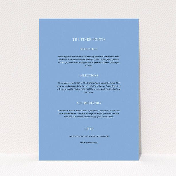 A wedding info sheet design named "Bullet point". It is an A5 card in a portrait orientation. "Bullet point" is available as a flat card, with mainly light blue colouring.