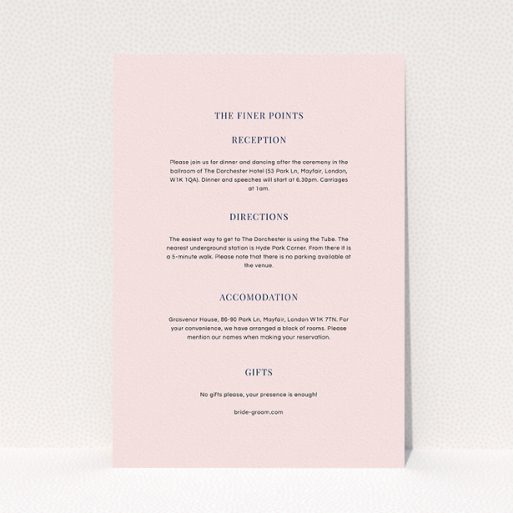 A wedding info sheet design titled "Classic face". It is an A5 card in a portrait orientation. "Classic face" is available as a flat card, with mainly light pink colouring.