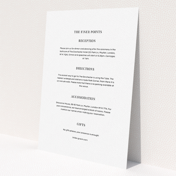 A wedding info sheet design called "Classic face". It is an A5 card in a portrait orientation. "Classic face" is available as a flat card, with mainly white colouring.