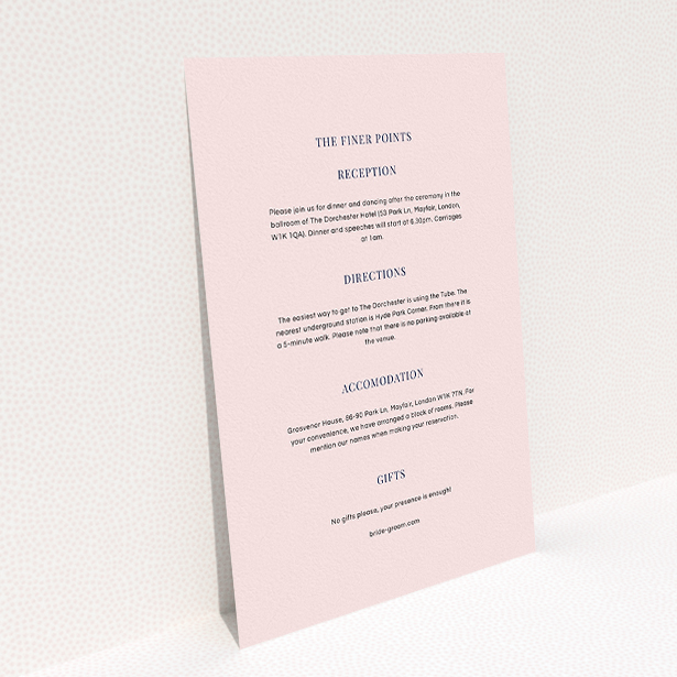 A wedding info sheet design titled "Classic face". It is an A5 card in a portrait orientation. "Classic face" is available as a flat card, with mainly light pink colouring.