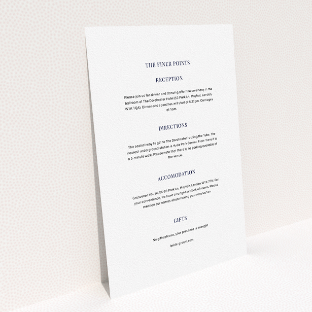 A wedding info sheet template titled "Classic face". It is an A5 card in a portrait orientation. "Classic face" is available as a flat card, with mainly white colouring.