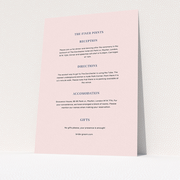 A wedding info sheet design titled "Classic face". It is an A5 card in a portrait orientation. "Classic face" is available as a flat card, with mainly light pink colouring.