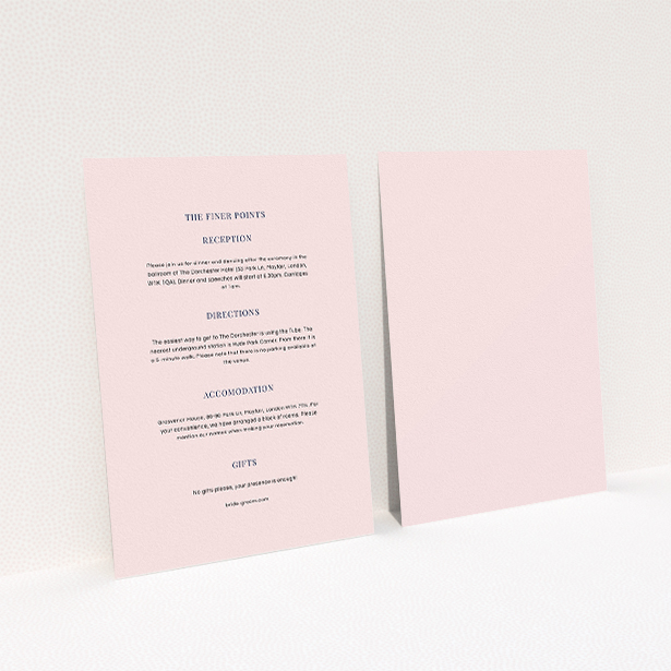 A wedding info sheet design titled "Classic face". It is an A5 card in a portrait orientation. "Classic face" is available as a flat card, with mainly light pink colouring.