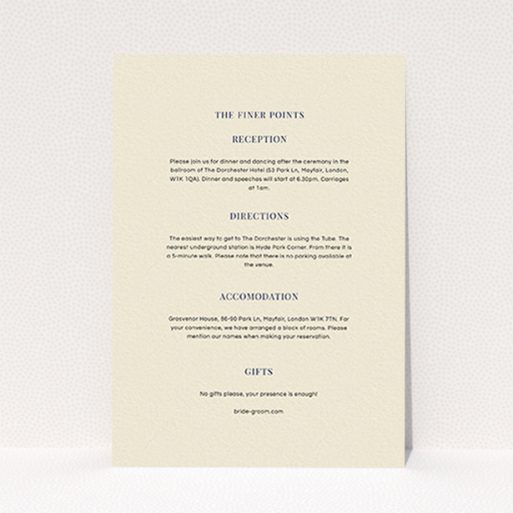 A wedding info sheet template titled "Classic face". It is an A6 card in a portrait orientation. "Classic face" is available as a flat card, with mainly cream colouring.