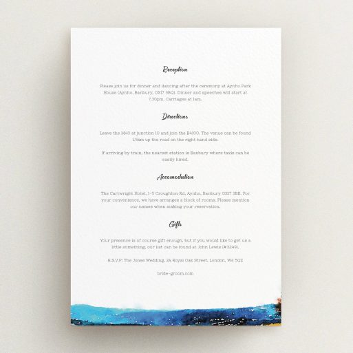 Wedding Info Sheet Design - "Country Road" A wedding info sheet template titled "Country Road". It is an A5 card in a portrait orientation. "Country Road" is available as a flat card, with tones of white and blue.