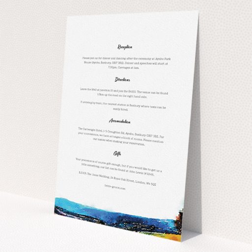 A wedding info sheet template titled 'Country Road'. It is an A5 card in a portrait orientation. 'Country Road' is available as a flat card, with tones of white and blue.