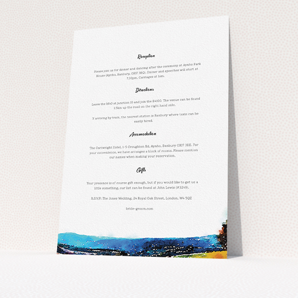 A wedding info sheet template titled "Country Road". It is an A5 card in a portrait orientation. "Country Road" is available as a flat card, with tones of white and blue.