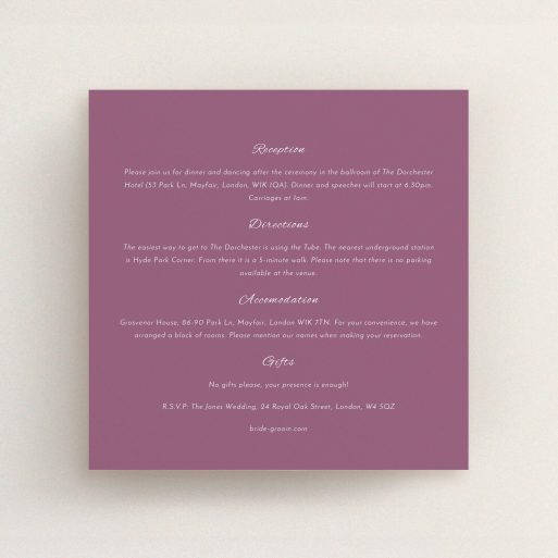Wedding Info Sheet Design - "Coupe" A wedding info sheet design named "Coupe". It is a square (148mm x 148mm) card in a square orientation. "Coupe" is available as a flat card, with mainly burgundy colouring.