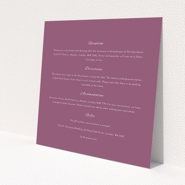 A wedding info sheet design named 'Coupe'. It is a square (148mm x 148mm) card in a square orientation. 'Coupe' is available as a flat card, with mainly burgundy colouring.