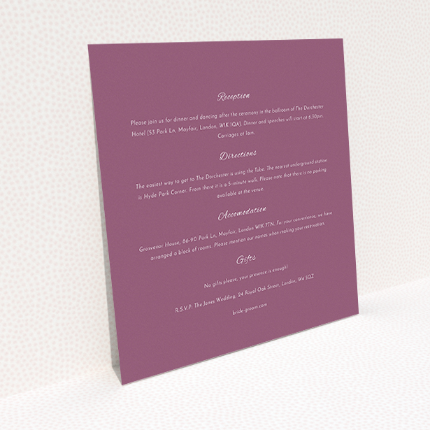 A wedding info sheet design named "Coupe". It is a square (148mm x 148mm) card in a square orientation. "Coupe" is available as a flat card, with mainly burgundy colouring.