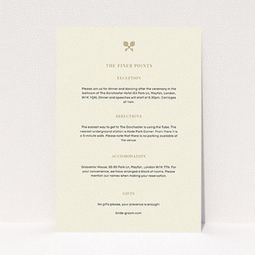 A wedding info sheet design named "Cross Keys". It is an A6 card in a portrait orientation. "Cross Keys" is available as a flat card, with mainly cream colouring.