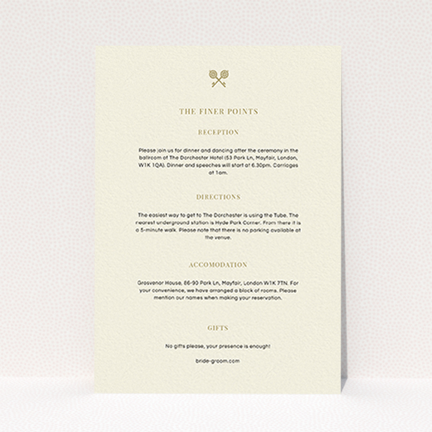 A wedding info sheet design named "Cross Keys". It is an A6 card in a portrait orientation. "Cross Keys" is available as a flat card, with mainly cream colouring.