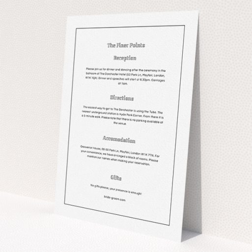 A wedding info sheet template titled 'Deco mint'. It is an A5 card in a portrait orientation. 'Deco mint' is available as a flat card, with mainly white colouring.