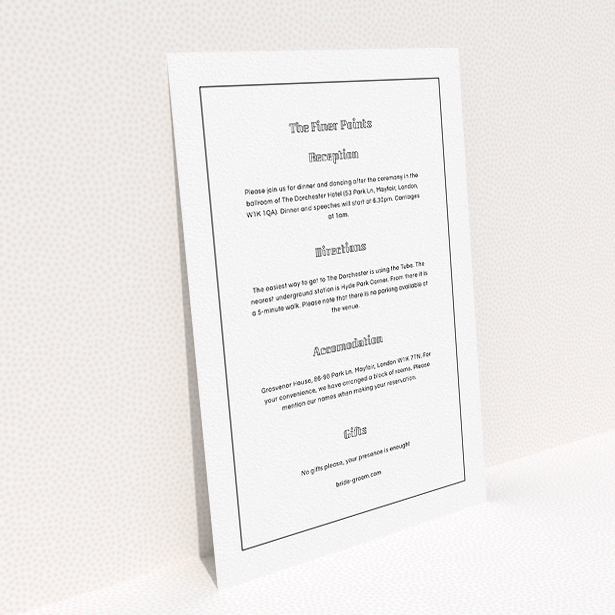 A wedding info sheet template titled "Deco mint". It is an A5 card in a portrait orientation. "Deco mint" is available as a flat card, with mainly white colouring.