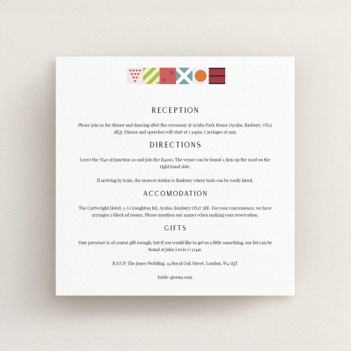 Wedding Info Sheet Design - "Epsom" A wedding info sheet design named "Epsom". It is a square (148mm x 148mm) card in a square orientation. "Epsom" is available as a flat card, with tones of white and green.