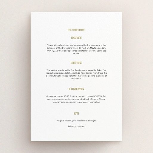Wedding Information Insert Sheets - Fill The Space (Gold) A wedding info sheet design titled "Fill the space". It is an A5 card in a portrait orientation. "Fill the space" is available as a flat card, with mainly white colouring.
