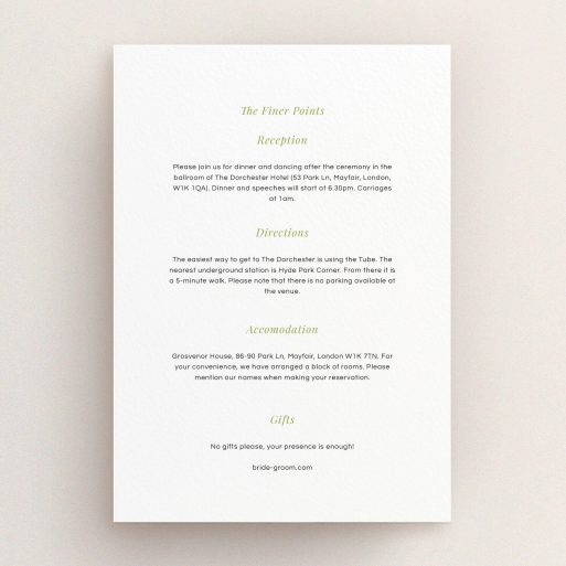 Wedding Info Sheet Design - "Fresh lime" A wedding info sheet design called "Fresh lime". It is an A5 card in a portrait orientation. "Fresh lime" is available as a flat card, with mainly white colouring.
