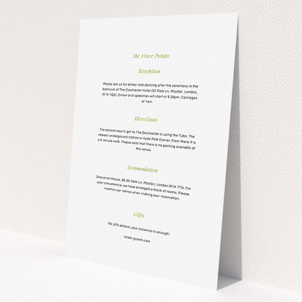 A wedding info sheet design called 'Fresh lime'. It is an A5 card in a portrait orientation. 'Fresh lime' is available as a flat card, with mainly white colouring.