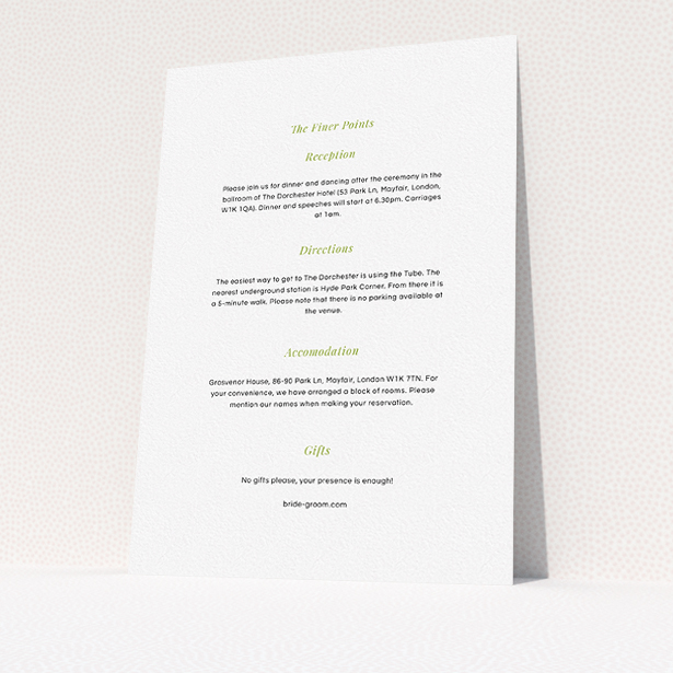 A wedding info sheet design called "Fresh lime". It is an A5 card in a portrait orientation. "Fresh lime" is available as a flat card, with mainly white colouring.