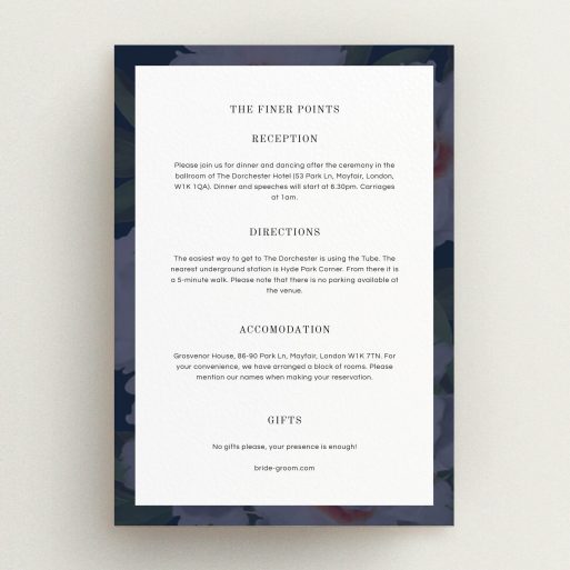 Wedding Info Sheet Design - "Garden at night" A wedding info sheet called "Garden at night". It is an A5 card in a portrait orientation. "Garden at night" is available as a flat card, with mainly navy blue colouring.