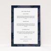A wedding info sheet called "Garden at night". It is an A5 card in a portrait orientation. "Garden at night" is available as a flat card, with mainly navy blue colouring.