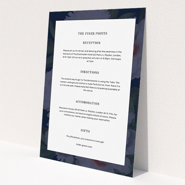 A wedding info sheet called 'Garden at night'. It is an A5 card in a portrait orientation. 'Garden at night' is available as a flat card, with mainly navy blue colouring.