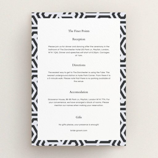 Wedding Info Sheet Design - "Geometric corners" A wedding info sheet template titled "Geometric corners". It is an A5 card in a portrait orientation. "Geometric corners" is available as a flat card, with tones of navy blue and white.