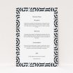 A wedding info sheet template titled "Geometric corners". It is an A5 card in a portrait orientation. "Geometric corners" is available as a flat card, with tones of navy blue and white.