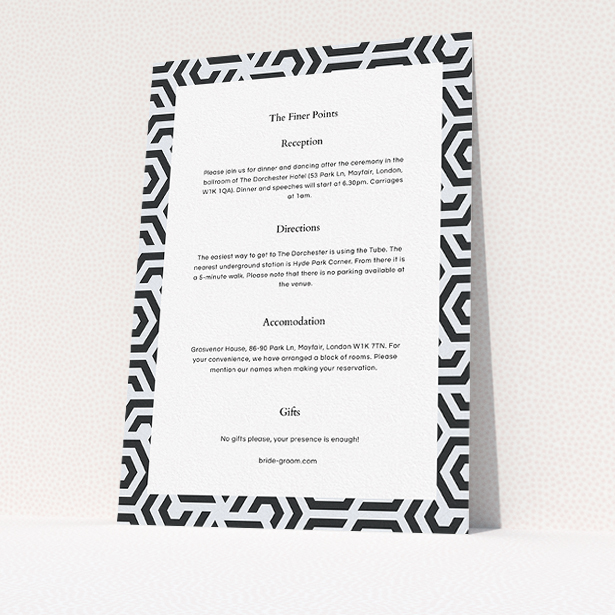 A wedding info sheet template titled "Geometric corners". It is an A5 card in a portrait orientation. "Geometric corners" is available as a flat card, with tones of navy blue and white.