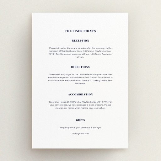 A wedding info sheet design named "Greek island". It is an A5 card in a portrait orientation. "Greek island" is available as a flat card, with mainly white colouring.