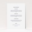 A wedding info sheet design named "Greek island". It is an A5 card in a portrait orientation. "Greek island" is available as a flat card, with mainly white colouring.