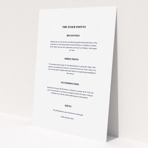 A wedding info sheet design named 'Greek island'. It is an A5 card in a portrait orientation. 'Greek island' is available as a flat card, with mainly white colouring.