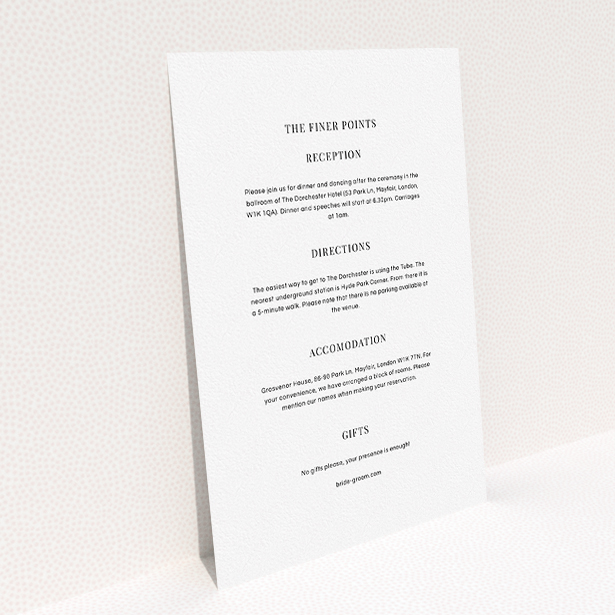 A wedding info sheet design called "Half full". It is an A5 card in a portrait orientation. "Half full" is available as a flat card, with mainly white colouring.
