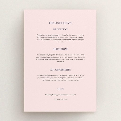 A wedding info sheet named "Harrison notch". It is an A5 card in a portrait orientation. "Harrison notch" is available as a flat card, with mainly light pink colouring.